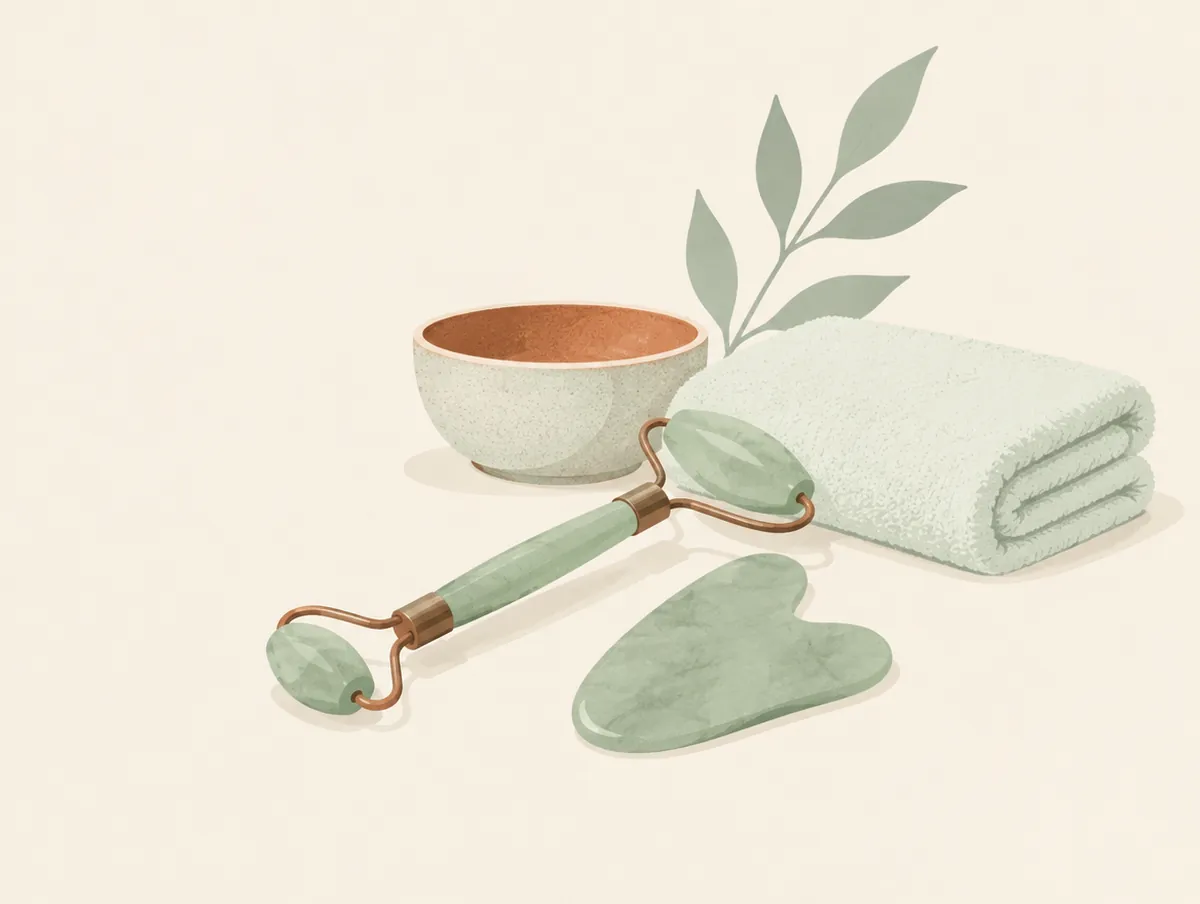 Illustration: a jade facial roller, a gua sha stone, a small bowl and a folded towel