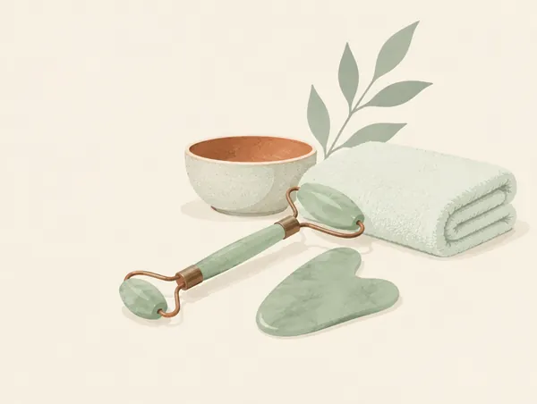 Illustration: a jade facial roller, a gua sha stone, a small bowl and a folded towel