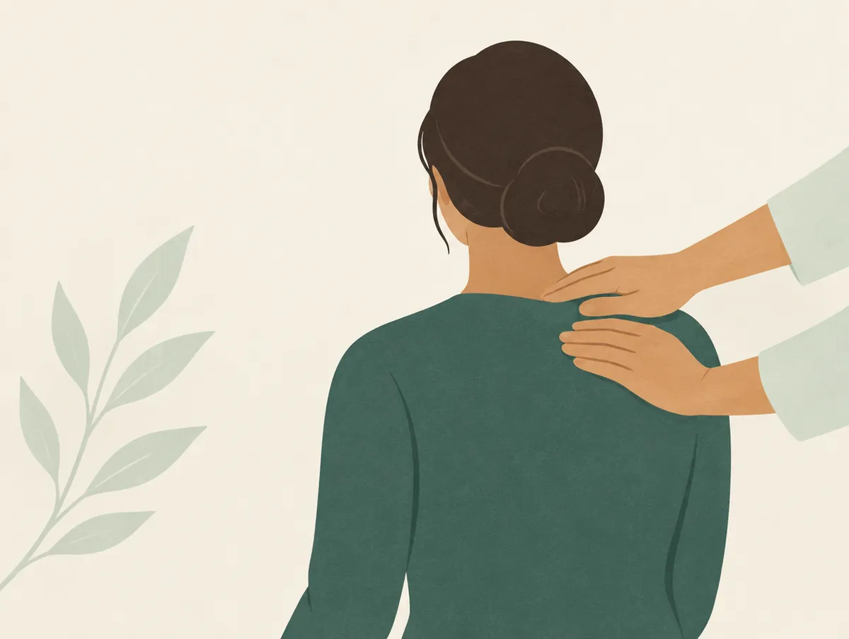 Illustration: a practitioner's hands pressing on a clothed person's shoulder